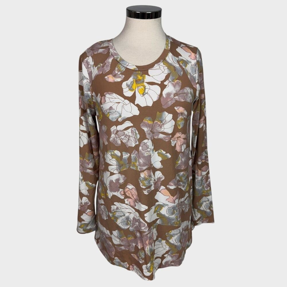 LOGO Lori Goldstein Small Brown Long-Sleeve Top Floral Print Curved Hem